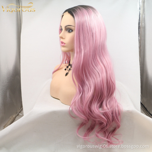 Vigorous ombre pink premium high quality straight wave long wholesale black women synthetic hair wigs small lace front